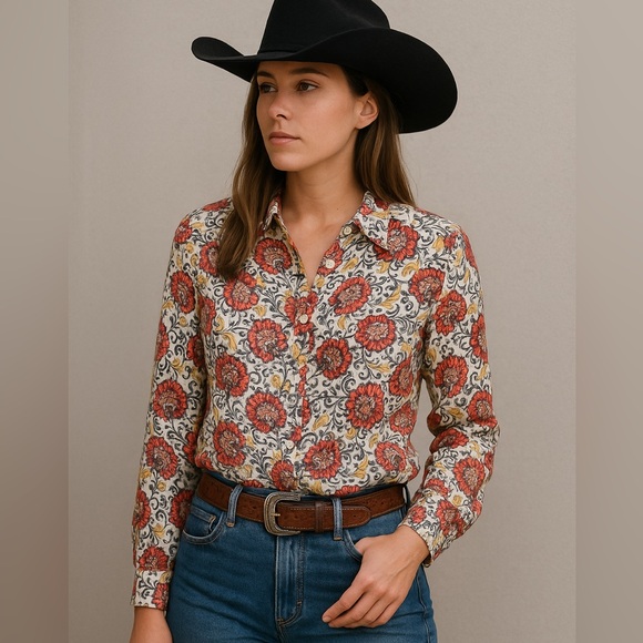 Fifteen Twenty Floral Button Down Blouse Top Women’s S Red Orange Paisley Boho - Picture 2 of 12